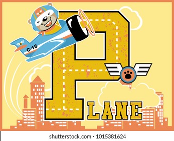 Airplane cartoon vector with cute bear pilot on building background. Learn to read graphic concept