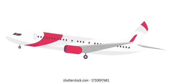 Dibujo vectorial de caricatura del avión. Moderno objeto de color plano del avión de pasajeros. Transporte de grandes compañías aéreas, avión aislado sobre fondo blanco. Servicio de vuelos comerciales internacionales