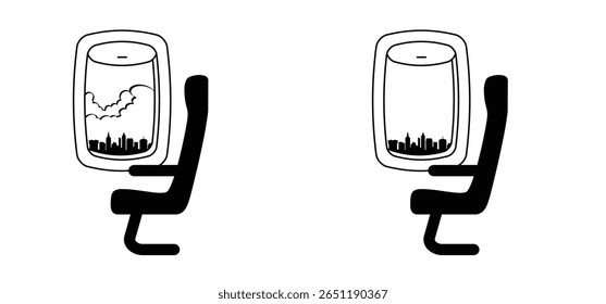 Cadeiras de avião ou assentos de avião. Para a janela do avião. Passageiros nas janelas do avião. Avião para passageiros em classe econômica. Interior do avião com corredor, bancos reclináveis e vigias.