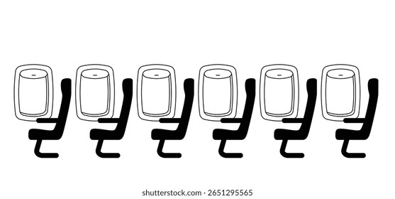 Cadeiras de avião ou assentos de avião. Para a janela do avião. Passageiros nas janelas do avião. Avião para passageiros em classe econômica. Interior do avião com corredor, bancos reclináveis e vigias.
