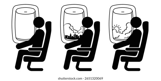 Cadeiras de avião ou assentos de avião. Janela e assentos do avião. Passageiros nas janelas do avião. Avião para sentar no passageiro. Interior do avião com corredor, bancos reclináveis e vigias.