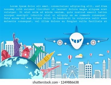 airplane check in point travel around the world concept on blue Background. Top world famous landmark. blank space for text and content paper art, vector, banner, Poster,