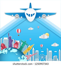 airplane check in point travel around the world concept on blue Background. Top world famous landmark. blank space for text and content paper art, vector, banner, Poster,