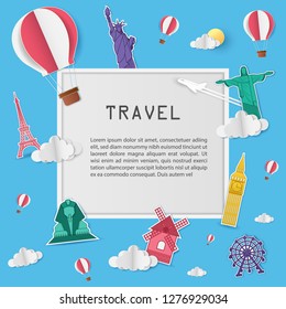 airplane check in point travel around the world concept on blue Background. Top world famous landmark. blank space for text and content paper art, vector, banner, Poster,