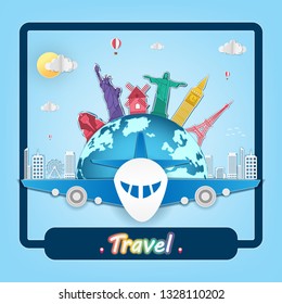 airplane check in point travel around the world concept on blue Background. Top world famous landmark. blank space for text and content paper art, vector, banner, Poster,