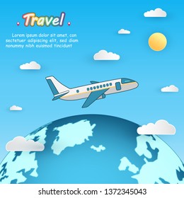 airplane check in point travel around the world concept on blue Background. blank space for text and content paper art, vector, banner, Poster,