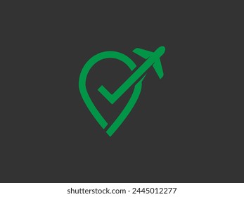 Avión con marca de verificación e icono de ubicación aislada color verde contra fondo trasero 