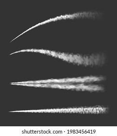 Airplane chemtrails or plane steam jets and smoke trails vector realistic white clouds. Airplane contrail or spaceship rocket launch smoke trail tracks and smog traces, smoky flow and fog vapor tails