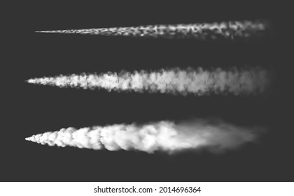 Químicos de avión y chorros de vapor de avión o trazas de humo de aire vector realista. Control del avión o pistas de senderos de humo de cohetes de nave espacial y trazas de smog, nubes blancas de flujo ahumado