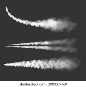 Airplane chemtrails, vector plane smoke trails, jet clouds. Rocket curve and straight contrail white lines. Vapor effect in sky, spray tracks, air pollution isolated realistic 3d design elements