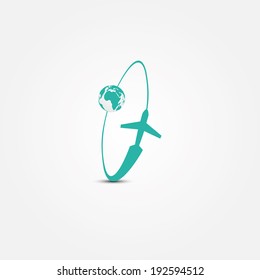 Airplane with circle and earth globe. Vector eps 10.