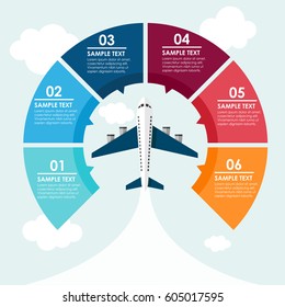 Airplane circle infographic with clouds background in the sky. Vector illustration