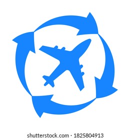 Airplane and circles blue on white background, sign for design, vector illustration