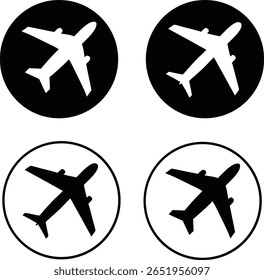 Airplane Circular Icons. Black and White Aircraft Symbols.