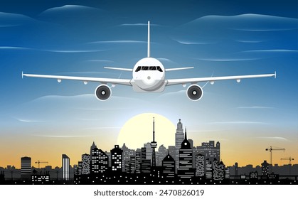 Airplane and city skyline silhouette at sunset. Skyscappers, towers, office and residental buildings. Cityscape under sky, clouds and sun. Vector illustration