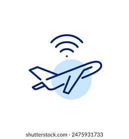 Avión subiendo y símbolo de wi-fi. Servicios en línea a bordo, acceso Aéreas a Internet. Icono de Vector editable