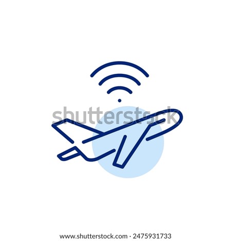 Airplane climbing up and wi-fi symbol. In-flight online services, aerial internet access. Editable vector icon