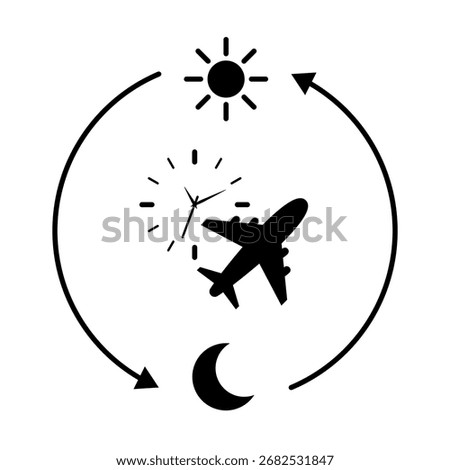 Airplane with clock sun and moon cycle illustration symbolizing circadian rhythm jet lag and travel health. Minimal line art concept of biological time sleep schedule and wellbeing during flights