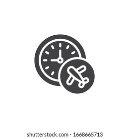 Icono del avión y del vector del reloj. signo plano relleno para concepto móvil y diseño web. Icono de glifo de tiempo de vuelo. Símbolo de estado de vuelo, ilustración del logotipo. Gráficos vectoriales