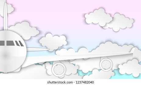 Airplane closeup against the blue sky and clouds. White aviation background. The idea for the design of travel brochure, advertisement, banner. 3d vector illustration. Paper cut out style.