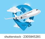 airplane, cloud, blue passport, luggage or baggage appeared and displayed in front of large pin location for travel design, vector 3d on blue background for summer travel advertising design