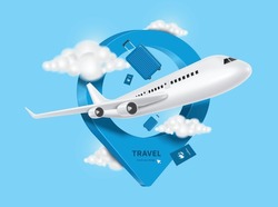 Airplane, Cloud, Blue Passport, Luggage Or Baggage Appeared And Displayed In Front Of Large Pin Location For Travel Design, Vector 3d On Blue Background For Summer Travel Advertising Design