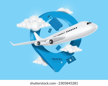 apareció un avión, nube, pasaporte azul, equipaje o equipaje delante de un gran pin localizado para el diseño de viajes, vector 3d sobre fondo azul para el diseño de publicidad de viajes de verano