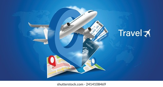 airplane, cloud, blue passport, luggage or baggage appeared and displayed in front of large pin location for travel design, vector 3d on blue background for summer travel advertising design