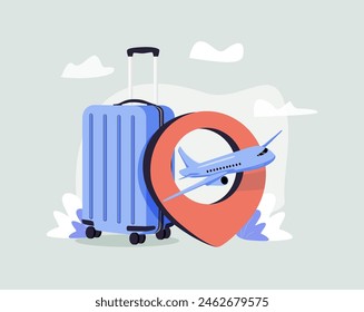 Airplane, cloud, blue passport, luggage or baggage appeared and displayed in front of large pin location for travel design, vector doodle on bright background for summer travel advertising design