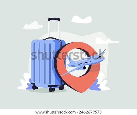 Airplane, cloud, blue passport, luggage or baggage appeared and displayed in front of large pin location for travel design, vector doodle on bright background for summer travel advertising design