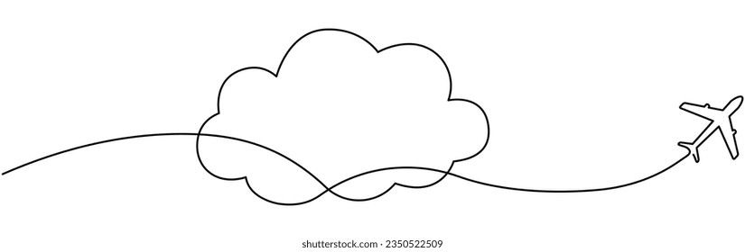 Airplane with cloud continuous one line drawn. Flying plane in sky Travel linear symbol. Vector illustration isolated on white.