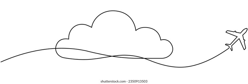 Airplane with cloud continuous one line drawn. Flying plane in sky. Travel linear symbol. Vector illustration isolated on white.