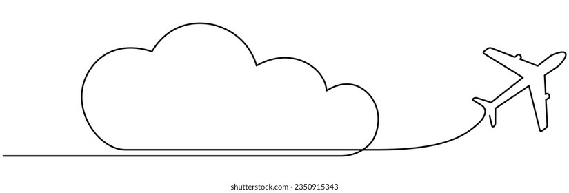 Airplane with cloud continuous one line drawn. Flying plane in sky. Travel linear symbol. Vector illustration isolated on white.