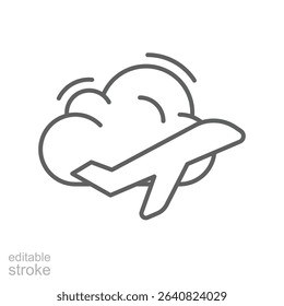 Airplane in Cloud Icon Outline Style Thin Line Editable Stroke Symbol for Flight Travel or Weather Concept