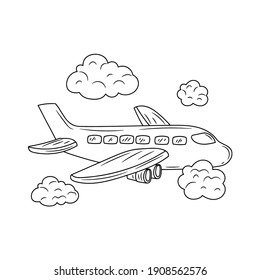 Airplane with cloud outline vector sign, linear style pictogram vector illustration, isolated on white