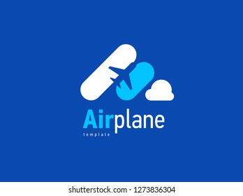 Airplane and cloud sky logo letter A white color, blue background