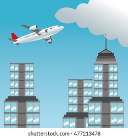 airplane cloud tower building travel trip airport vacation icon. Colorful and flat design. Vector illustration
