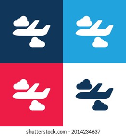 Flugzeug mit vierfarbigem Minimalsymbol in Wolken blau und rot