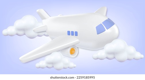 Airplane with clouds cartoon icon. Vector 3d render