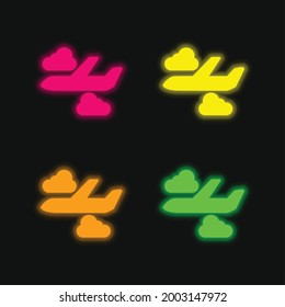 Airplane With Clouds four color glowing neon vector icon