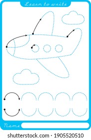 Airplane and clouds. Preschool worksheet for practicing fine motor skills - tracing dashed lines. Tracing Worksheet.  Illustration and vector outline - A4 paper ready to print.