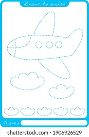 Airplane and clouds. Preschool worksheet for practicing fine motor skills - tracing dashed lines. Tracing Worksheet.  Illustration and vector outline - A4 paper ready to print.