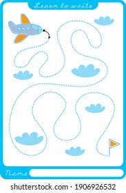 Airplane and clouds. Preschool worksheet for practicing fine motor skills - tracing dashed lines. Tracing Worksheet.  Illustration and vector outline - A4 paper ready to print.