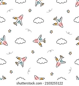 Airplane And Clouds In The Sky Baby Seamless Pattern Hand Drawn Cute Cartoon Background For Kid