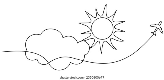 Airplane with clouds and sun continuous one line drawn. Flying plane in sky. Travel linear symbol. Vector illustration isolated on white.