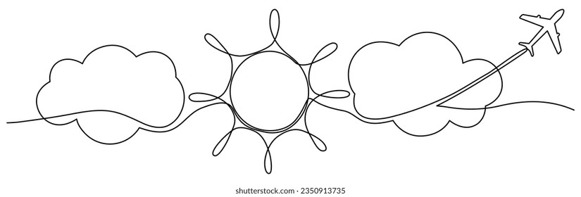 Flugzeug mit Wolken und Sonne durchgehend eine Linie gezeichnet. Fliegendes Flugzeug am Himmel. Lineares Reisesymbol. Vektorgrafik einzeln auf Weiß.