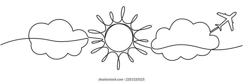 Airplane with clouds and sun continuous one line drawn. Flying plane in sky. Travel linear symbol. Vector illustration isolated on white.
