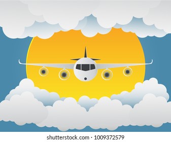 Airplane with clouds and sun on blue background.paper art.vector illustration