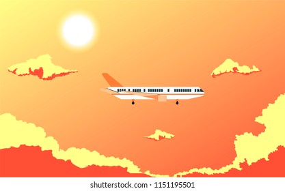 airplane in the clouds and sunset vector banner