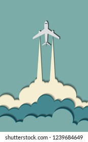 Airplane in the clouds. Vibrant multicolored paper cut background. Abstract modern 3d origami paper art style